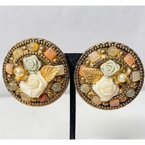 Round Floral Multi Media Gold Tone Chunky Stud Earrings Clip On